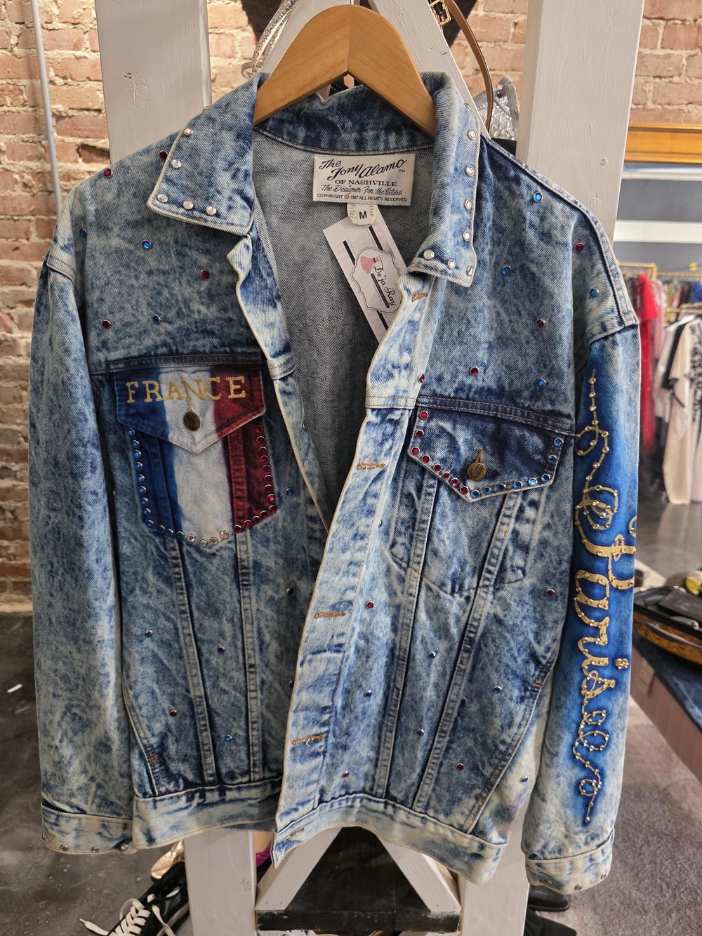 RARE Studded Light Blue Acid-Wash Denim Jacket with 'France' Hand Painted Design